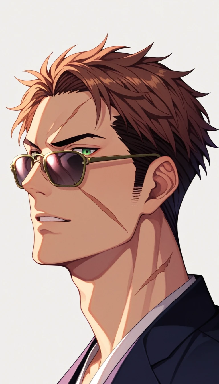 Anime Style, Yakuza, Japan Mafia, Scars on the face, To reveal murderous intent, Middle-aged man, Reddish brown hair, Green Eyes, Sharp Eyes, Short Hair, Calm. wise, Staggered sunglasses, Black ceremonial clothing, Background of the Ascending Dragon, Worldview of the Underworld, Surrealism, Expressionism, Anime Style, Cast a Shadow, Film Grain, Vignetting, silhouette, 1080P, Anatomically correct