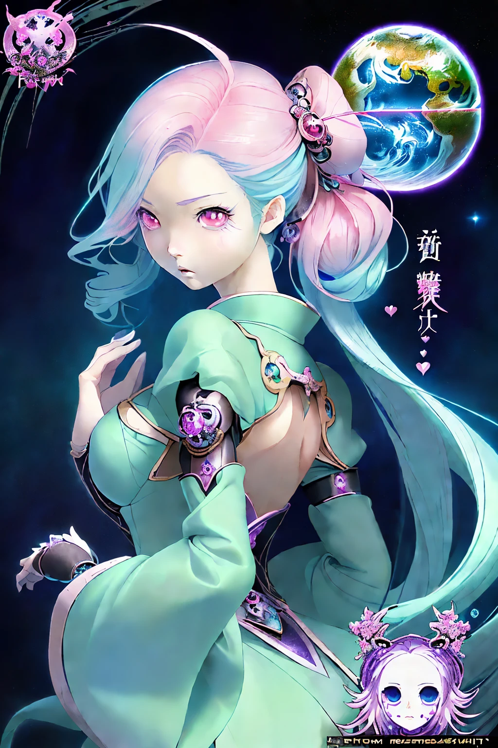 Digital Anime Art Style Japanese game from Memento Mori character-inspired Fantasy Art Aesthetic Kawaii Beautiful Girl Beautiful Woman Back Ground Earth Universe Digital Fantasy Art Masterpiece Well-defined Features Memento Mori Battle Outfit Game World Perfect Reproduction Perfect Expression Correct Expression Earth in the Universe Back Ground Cheers Pose Beautiful Woman Well-defined Features Cute Face 2.5D Beautiful World Crystal Color