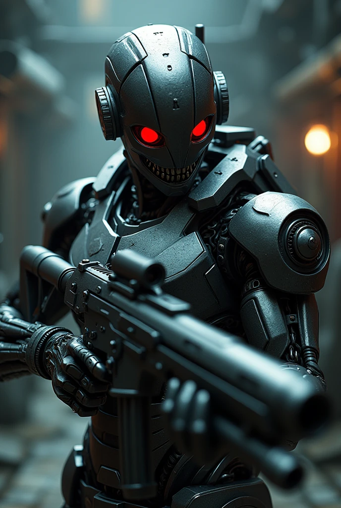 a deadly cyborg with a futuristic high-tech firearm, intricate mechanical details, gleaming metal body, glowing red eyes, advanced robotic limbs, cyberpunk style, dark moody lighting, cinematic composition, dramatic pose, photorealistic, 8k, (best quality,4k,8k,highres,masterpiece:1.2),ultra-detailed,(realistic,photorealistic,photo-realistic:1.37),cinematic lighting,dramatic shadows,industrial background