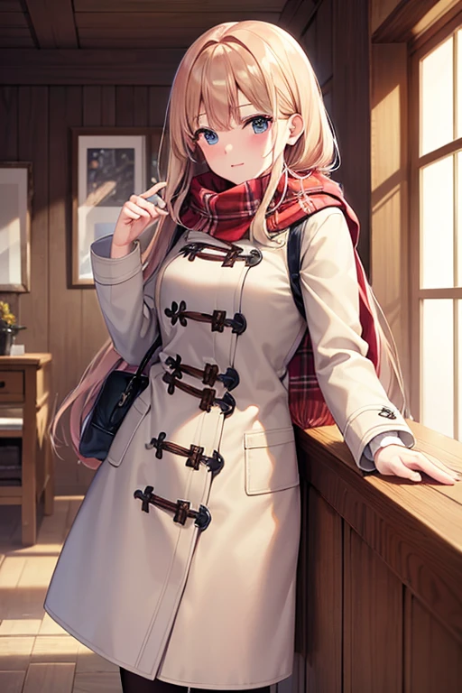 (Highest quality), (masterpiece), (Ultra-high resolution), , Strawberry Blonde, long, Duffle coat , Winter scarf, City, winter, ((It's snowing)), (illumination), ((night))
