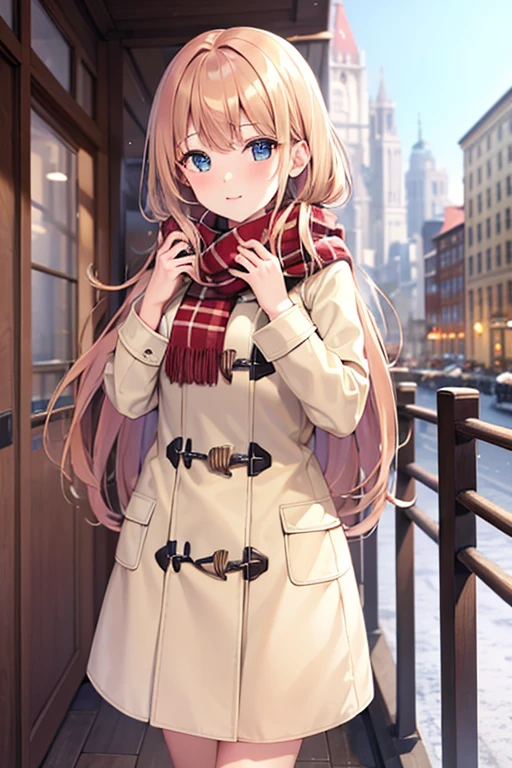 (Highest quality), (masterpiece), (Ultra-high resolution),  , Strawberry Blonde, long, Duffle coat , Winter scarf, City, winter, ((It&#39;s snowing)), (illumination), ((night))