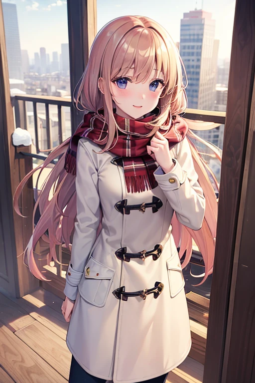 (Highest quality), (masterpiece), (Ultra-high resolution), , Strawberry Blonde, long, Duffle coat , Winter scarf, City, winter, ((It's snowing)), (illumination), ((night))