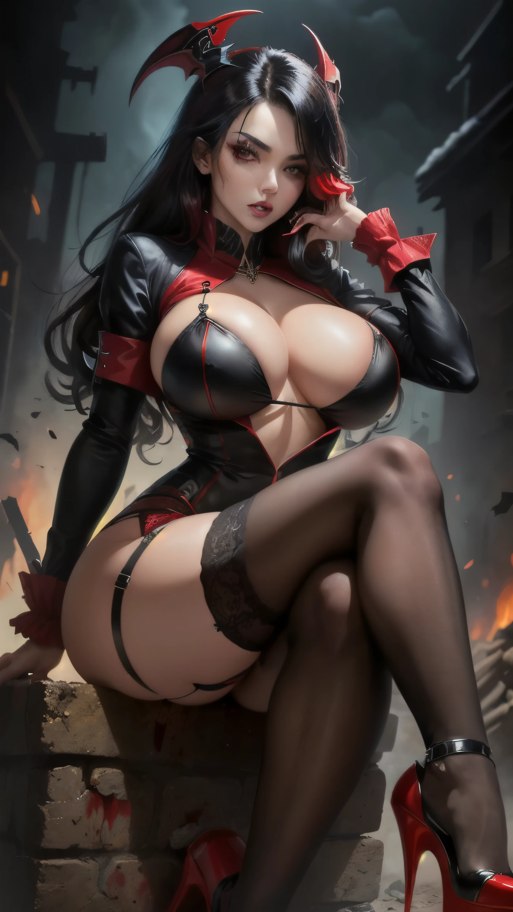 Last girl standing in end of the world, vampire Apocalypse, ((black hair, red highlights)), glowing beauty eyes, huge perfect breast, platform high heels, blood splatter, model pose, red black outfit, stocking, tight fix, nore blood, hot legs, boobies on focus, sitting, crossed legs, ((detailed face)), garter belts