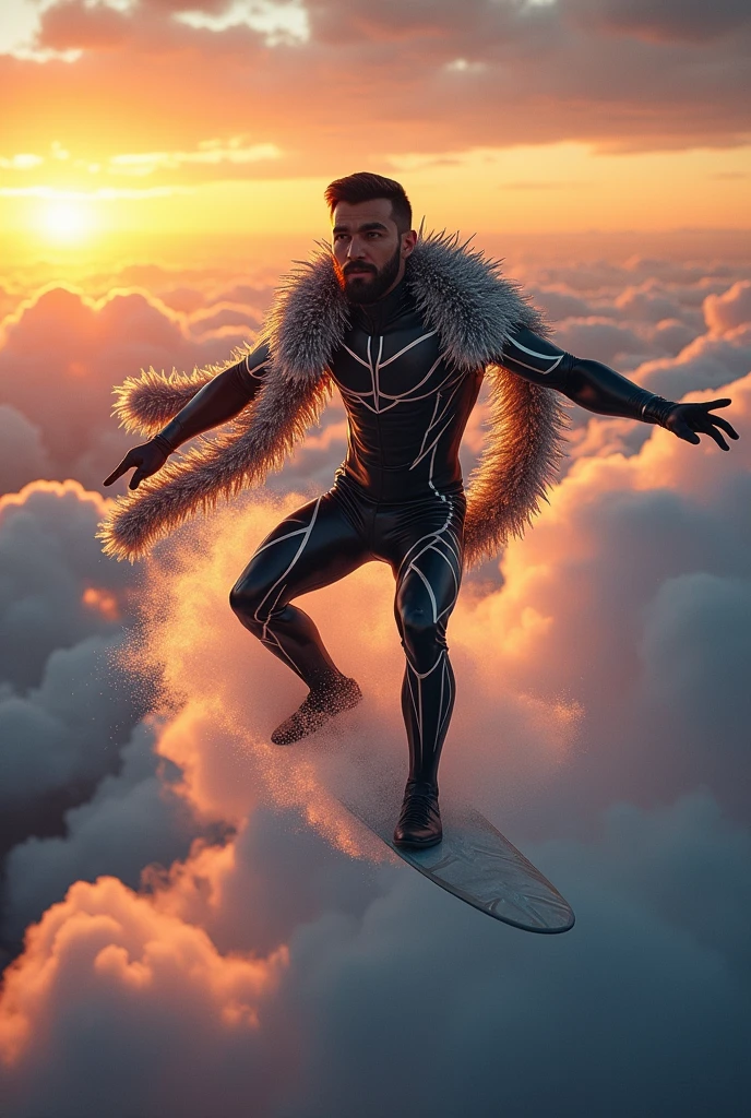 A brunette man with a short beard wearing a black and grey metallic suit glowing surfing in the sky with a metallic boa