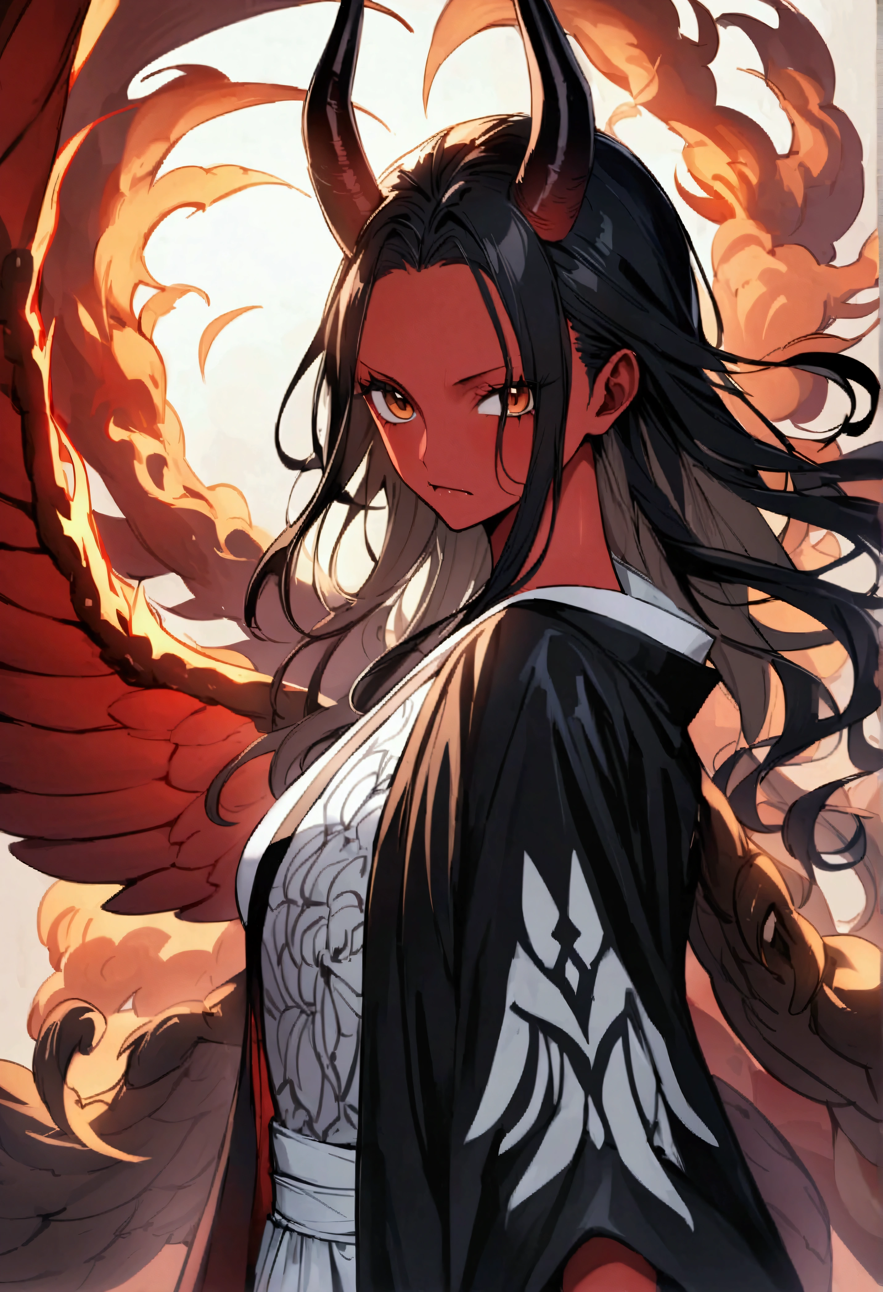 Masterpiece、Highest quality、Super detailed、Nico Robin\(one piece\),Hanahana fruit、Devil's Child、Red skin、Extra Arms(無限♾️)、Devil's Red Wings、Sharp Fangs、Black Horn、Black Haori、White floral kimono、Tornado of Fire、solo、1 person