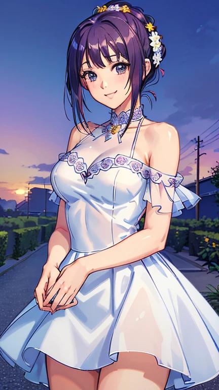 ((masterpiece, Highest quality, Highest quality, Official Art, beautifully、beautiful:1.2)),((masterpiece)),((Vibrant colors)),((Ayako Katagiri)),((幸せそうなsmile)),((smile)),((looks fun)),(White dress),(((Side bust))),(sunset),(Shoulders exposed),(See-through)