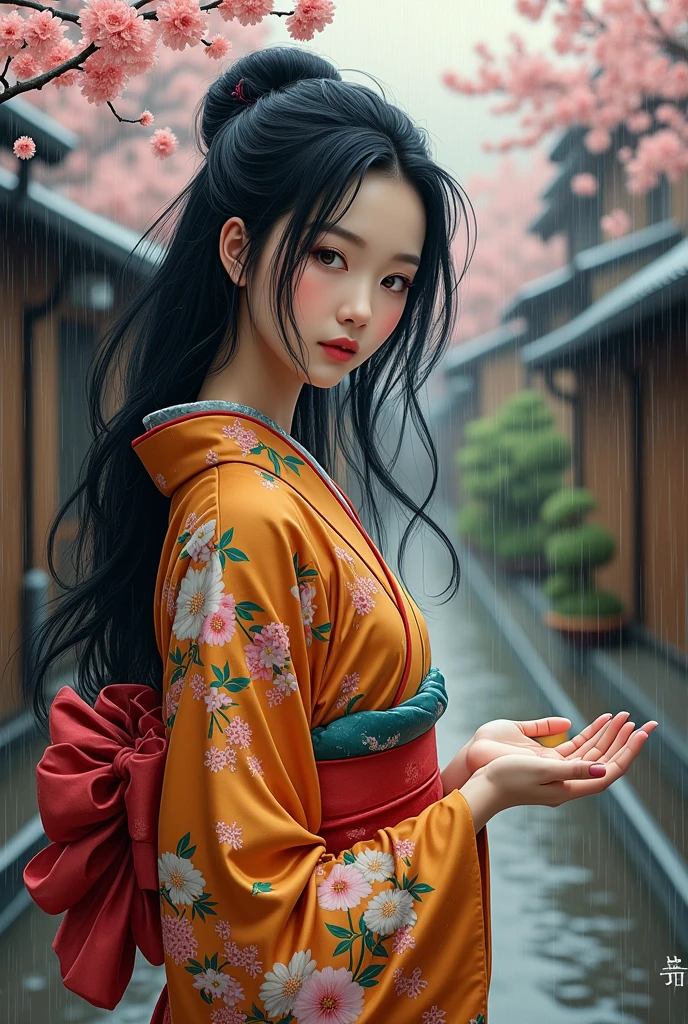 A beautiful woman getting drenched in the rain. Ukiyo-e