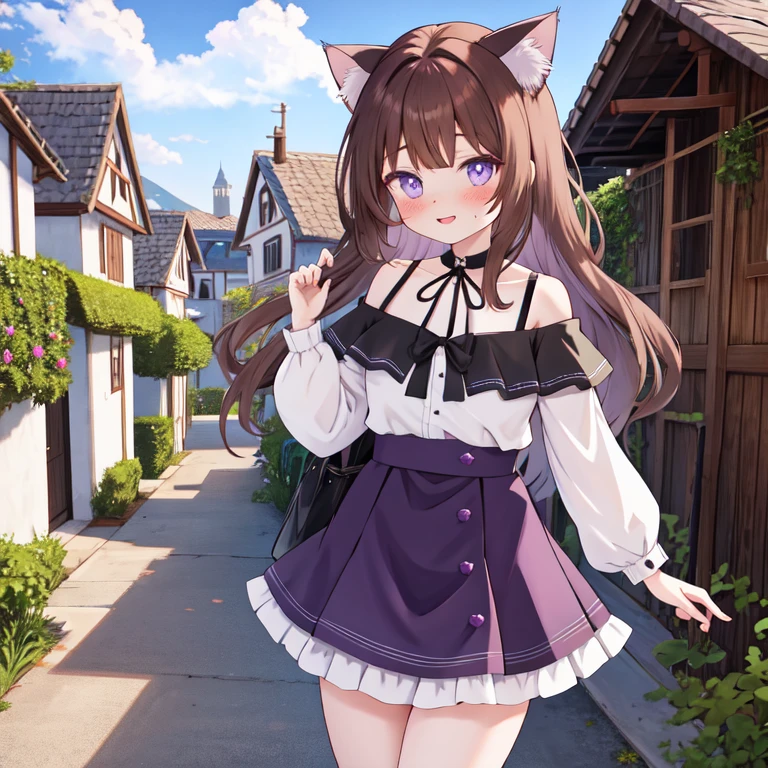 girl, cat ears, violet eyes, skirt, village houses, brown hair, freckles, off-the-shoulder blouse, short skirt,  medieval village, anime style.