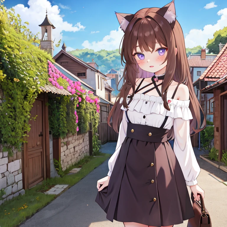 girl, cat ears, violet eyes, skirt, village houses, brown hair, freckles, off-the-shoulder blouse, short skirt,  medieval village, anime style.