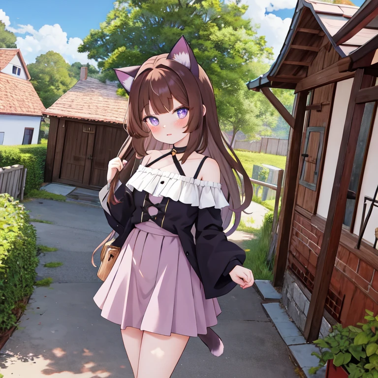 girl, cat ears, violet eyes, skirt, village houses, brown hair, freckles, off-the-shoulder blouse, short skirt,  medieval village, anime style.