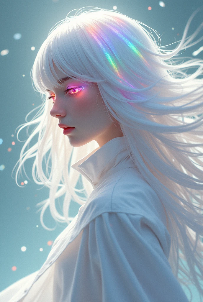 masterpiece, Best quality, High target_quality, High target_solve, masterpiece*Wear, Whitespace, rich and colorful, 1 Girl, Solitary, White_hair, prism hair, [pink|green] Eye, gradient Eye, multicolored Eye, Luminescence Eye, Luminescence, flash, Luminescence White particles, Wind lift, full_Body, Serious,