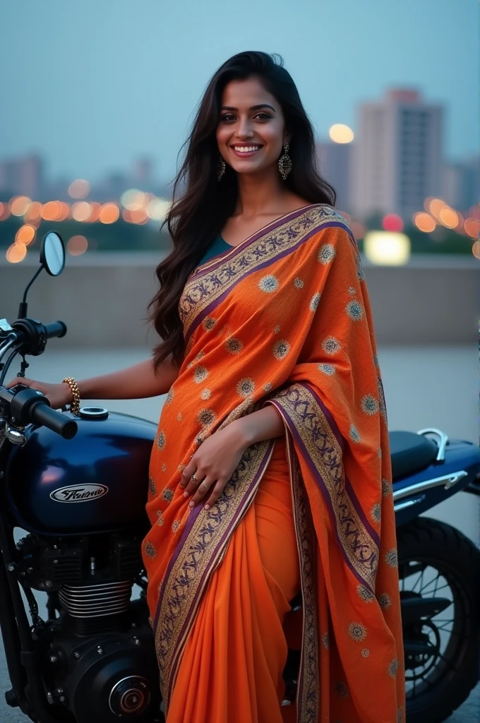 Beautiful girl on sari standing before bike