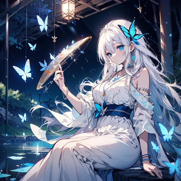 1 person、Mature、Ample breasts、White Hair、Long Hair、Blue Eyes、White skin、White Dress、Playing the Harp、Night Forest、sit、By the lake、necklace、bracelet、Blue Butterfly、High resolution、Highest quality