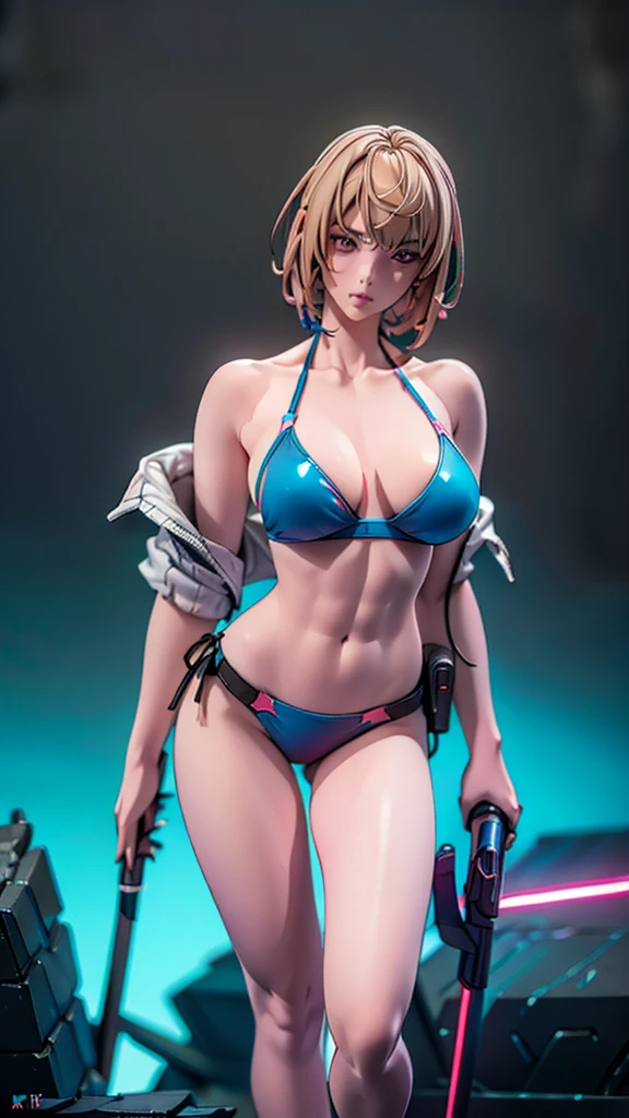 (((HD photo))), ultra high res.photorealistic:. 1.4, UHD, masterpiece, trending on artstation, detailed portrait, 1girl, pretty, cute face, most beautiful in the world, soft, delicate, (very short hair, blonde:1.3), cute breasts , (wearing a ultra detailed neon blue tactical bikini sexy suit, neon lighting, sexy abs, CyberpunkAI), (woman soldier:1.4, she has a Lightsaber in her hands that item is like weapon of Star Wars ) ,(night cyberpunk city background)