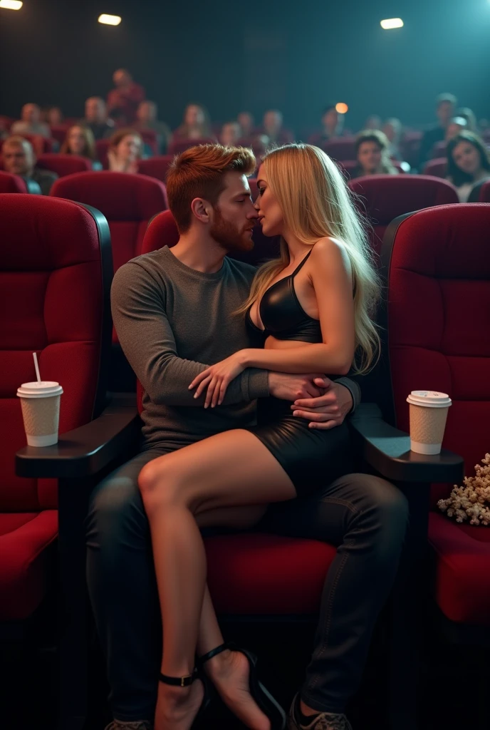 Magnificent detail, 8K Photos, hyper- realism, realistic background, visual depth, wide angle lens, professional light. POV Redhead. {A redhead man sitting on a cinema chair, looking at a beautiful 23-year-old woman, natural blonde, white-skinned, kneeling on the floor with a seductive look. They caress each other passionately. The blonde woman is wearing a leather skirt and strapless corset, with breasts exposed, with her hands on the dark-skinned man's knee. You can see a cup of soda and a bag of popcorn on the armrest of the chair. The setting is a movie theater, watching the movie 50 Shades of Grey. There are other people in the cinema. The photo is captured from the redhead man's point of view. #Exhibitionism making out in the cinema