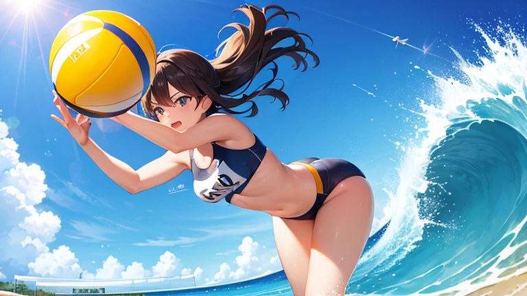 During an intense beach volleyball rally、Please draw an illustration of a woman in a swimsuit diving on the sand to catch a ball.。White waves and shining sun in the background、The passionate battles of sports are depicted。