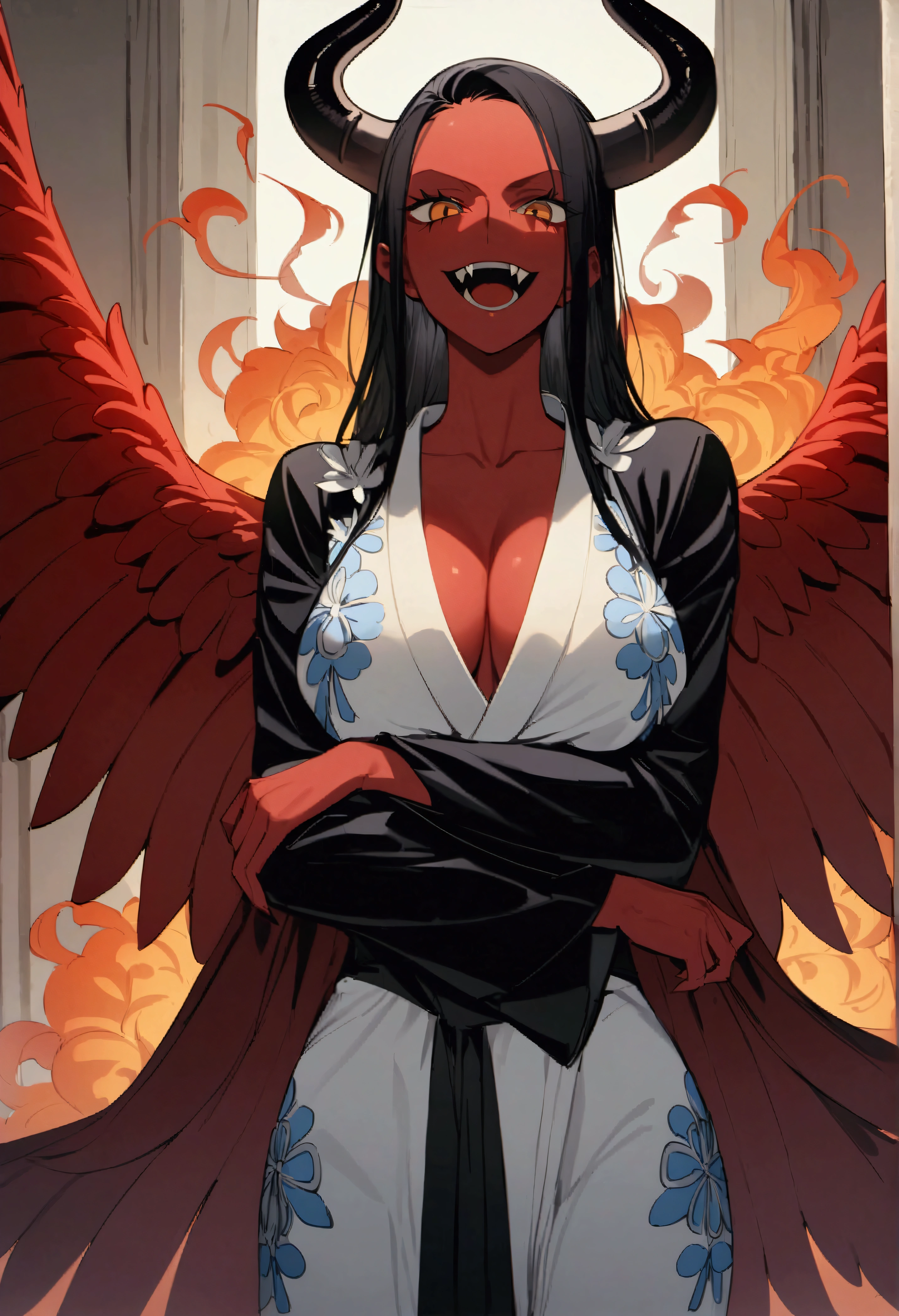 Masterpiece、Highest quality、Super detailed、Nico Robin\(one piece\),Hanahana fruit、Devil&#39;s Child、Red skin、Extra Arms、Cross your arms、Devil&#39;s Red Wings、Sharp Fangs、Black Horn、Black Haori、White floral kimono、Tornado of Fire、solo、1 person