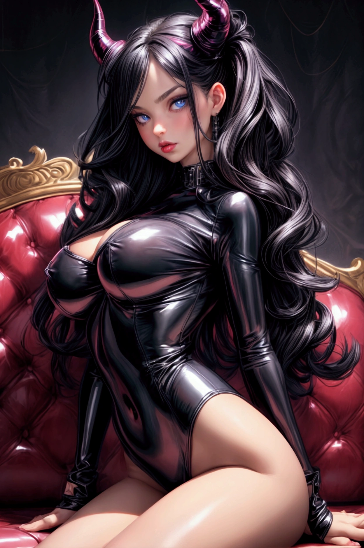 ((masterpiece), one woman, black, dark hair, long hair, straight hair, blue eyes, big eyes, small nose, pink lips, full lips, succubus, cute horns, sexy body, big boobs, small waist, big ass, anatomically correct hands, two hands, anatomically correct fingers, latex outfit, full body cover black latex, shiny latex, leather couch, luxurious background