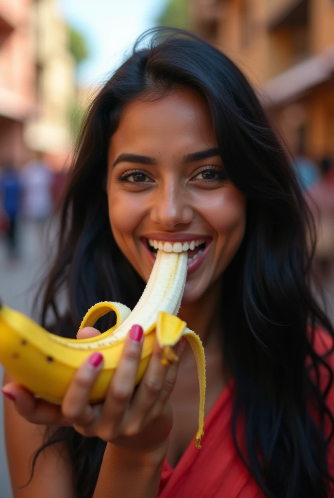 An Indian woman is eating a banana with her mouth wide open, facing forward with relish。photorealistic high quality images。9:16 vertical images。stunningly beautiful woman in her 30s。Five fingers on a hand。Background、Famous tourist spots in India please。