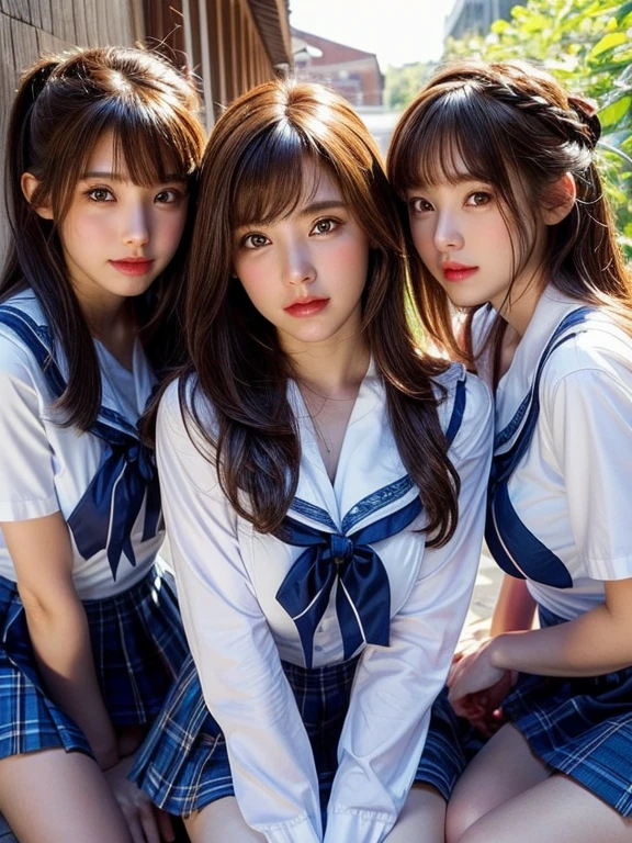 ((masterpiece, highest quality)), (Super detailed), ((super cute)), (Multi-point), ((very detailed)), 4k, highest quality, (beautiful), hyper cute face, Perfect Face, hyper genuineistic, Close-up, clear outline, (three girls, 3 cute girls:1.5), (summer school girl uniform :1.3), ((beautiful eyes)), (leaning forward:1.3), (upskirt:1.3), natural skin texture, big breasts, romantic ambiance, Highly detailed CG, look shyly at the viewer,