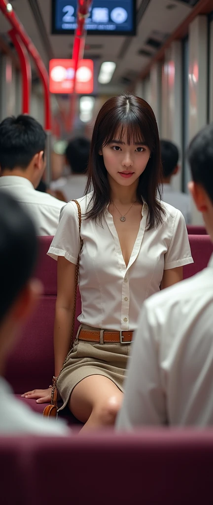 (32K:1.9, Highest quality, masterpiece, Ultra-high resolution, Professional low-angle camerawork:1.5, Very detailedな肌と顔の質感:1.4), Always accurate, Very detailed, ((A short Japanese woman of 25 years old, Big breasts on the verge of collapse:1.2, Several men touched parts of her body.:3.9, crowded train:1.6, A tight skirt and a white shirt:1.5, Incredibly slim body:1.3, areola is not visible)), Bag, belt, Fair skin, elegant, sense of cleanliness, Thin eyebrows, (Big eyes that exude beautiful eroticism:0.4, Embarrassed smile:1.0, I despise you from the bottom of my heart:0.8, Open your mouth a little, lipstick, Feel the beautiful eroticism:0.9), (Wet dark brown medium length hair), Earrings, necklace, bracelet, romantic, mysterious, Object of admiration, original, dramatic, artistic, Innovative, charm, Heartful, Fancy, sense of openness, special, ((exciting, Extreme, Tilt, sense of loss, suffering, sufferingの表現)), ((Mistakes made due to youth, 女性的なcharm))