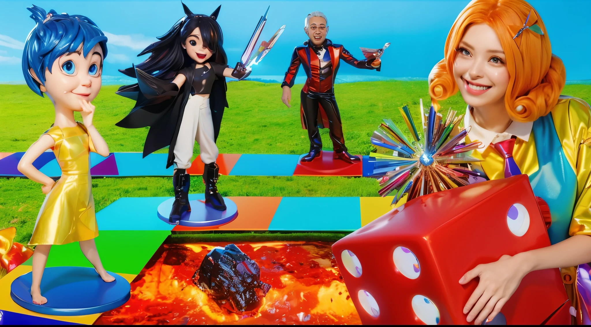 3d render, glossy texture, smooth 3d model, multiple light sources, rim light, sharp post effects render, (glossy plastic texture with multiple big light probe refractions), perfect cgi, smooth silhouette, high intensity refraction, (super glossy material), most beautiful vfx , blue background, plastic refractions, realistic, 4k, high resolution, rim light, photo shoot, commercial photo, profile shot, 4k, rim light, high resolution, 4k, glossy texture, smooth 3d model, multiple light sources, rim light, sharp post effects render, (glossy metallic texture with multiple big light probe refractions), perfect cgi, cgi art created only with gradients, smooth silhouette, high intensity refraction, (super glossy chrome material), most beautiful vfx, blue background, chrome metal refractions, multiple light sources, rim light, sharp post effects render, perfect cgi, digital art, detailed digital art, reflective, best quality, 4k, masterpiece:1.2, ultra-detailed, realistic, vivid colors, dark and moody lighting, The image of the highest quality, ensuring every detail is showcased perfectly. It in 4k resolution, allowing viewers to immerse themselves in the richness of the colors and intricate details. The realistic rendering. under the spotlight, reflecting, high-resolution image, realistic rendering, dark background, and rim light photorealistic The image features three characters standing in front of three houses. The characters are a red-haired mermaid, a purple cat, and an orange dog. They are each holding a yellow maraca