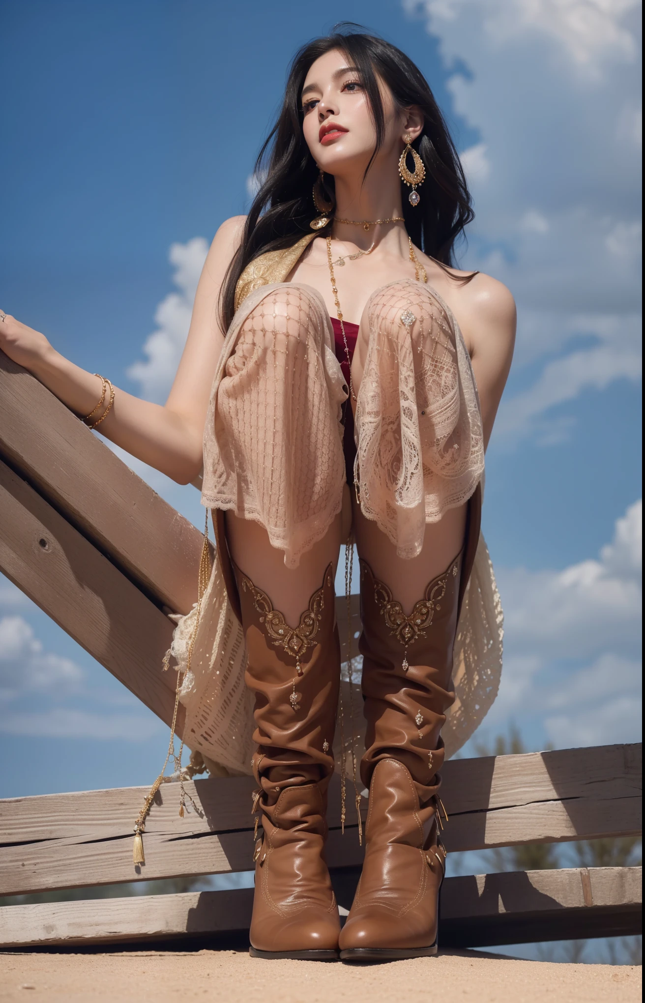 Game Art,Best image quality,Maximum resolution,8K,(A bust photo),(portrait),(Head close-up),(Rule of Thirds),Unreal Engine 5 rendering works,20 year old girl,((Queen)),The eyes are very detailed,(Large Breasts),Elegant and noble,light,Ray Tracing,Game CG,((3D Unreal Engine)),OC rendering reflection mode,4K,Ultra-clear,Sensual,Translucent lace,Fair and plump figure,Pretty Face,Glossy Gel Coat,身着华贵礼服的Queen,Crystal Gem Crown,Necklace jewelry,blue eyes,Gorgeous and intricate tattoo designs,Ultra-clear portrait,Sexy thick lips(Red lipstick),Gorgeous clothing,Diamond Gold,Luxury Costume Jewelry,Diamonds of the Universe,Pearl gemstones,Extremely luxurious clothes,Wear high-heeled boots,Squatting on the ground