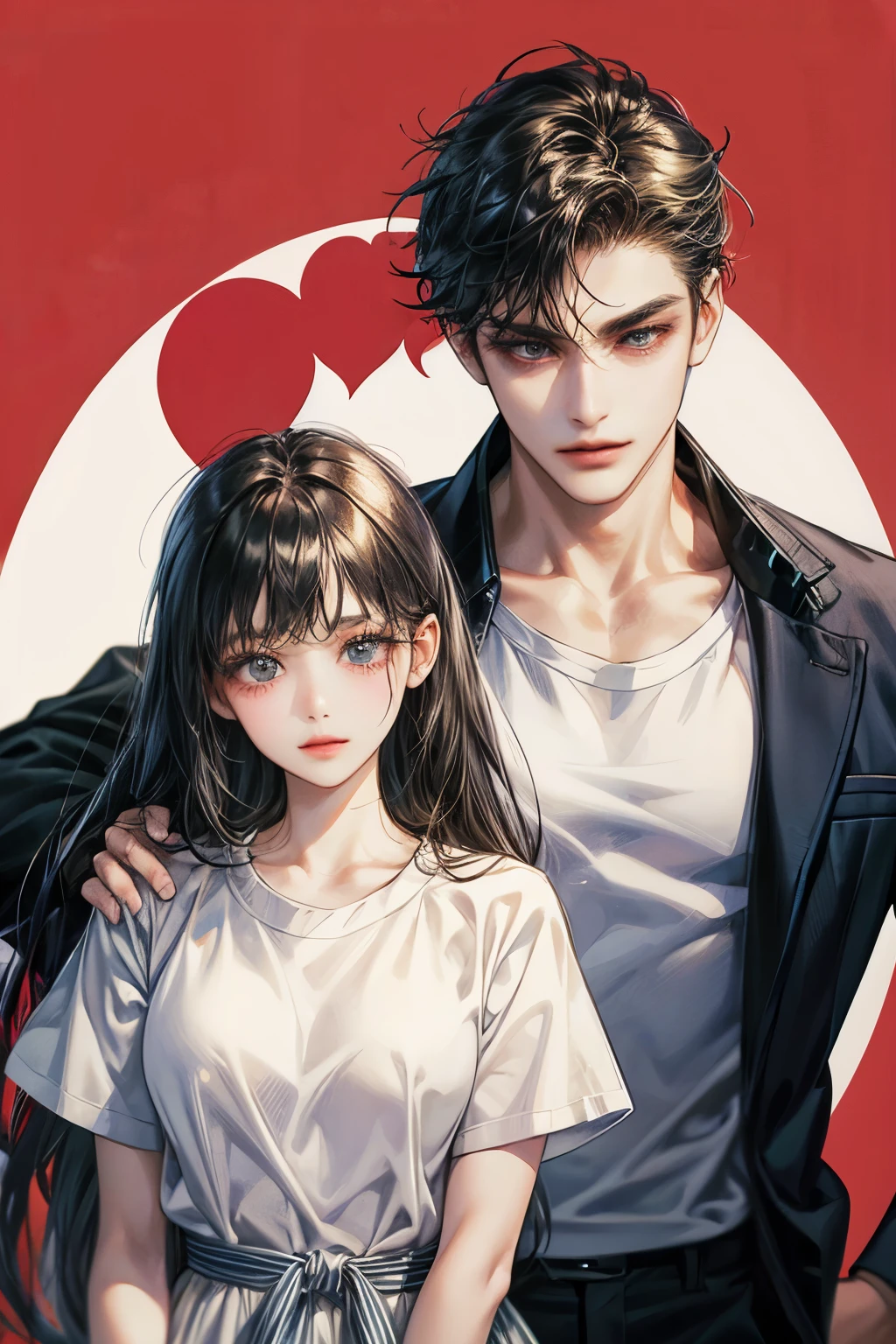 man and woman,Couple taking photos,handsome,A man wearing a white shirt.,A woman wearing one-piece clothing,man and womanยิ้ม,heart,parts, t-shirt,
black hair, simple background, อุ้มแมวสีดำ