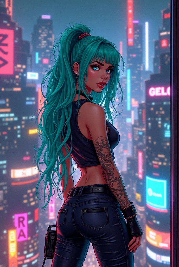 Judy Álvarez from cyberpunk 2077, futuristic cyberpunk style apartment on background, 2D DRAWING, 2D ART