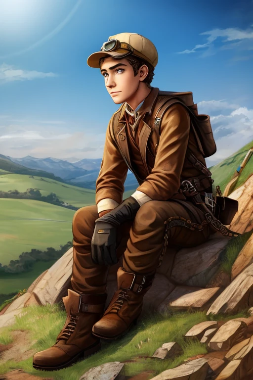 human teenager wearing a brown outfit, wears a cap on his head, wearing safety goggles on head, wearing brown gloves, wearing brown boots, sitting on a hill, Steampunk