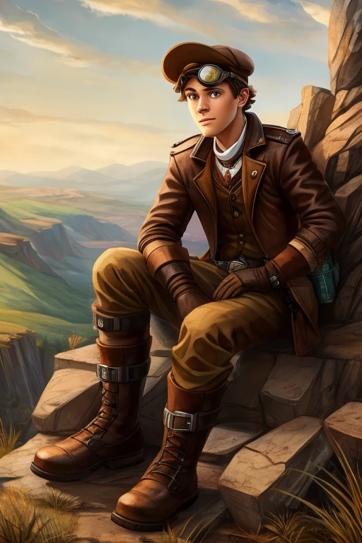 human ager wearing a brown outfit, wears a cap on his head, wearing safety goggles on head, wearing brown gloves, wearing brown boots, sitting on a hill, Steampunk