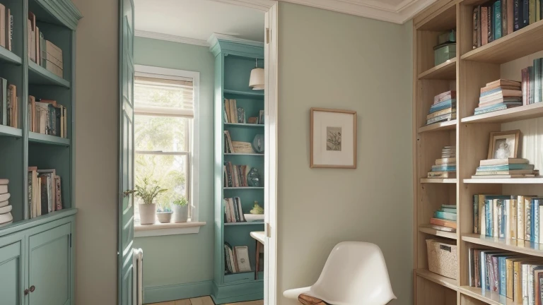 An open book in the center of the image, with blank pages or an inspiring quote. In the background, a bookshelf full of colorful books. The color palette should be soft and inviting, with shades of beige, light blue, and green.
Visual elements: Open book, bookshelf, neutral colors.