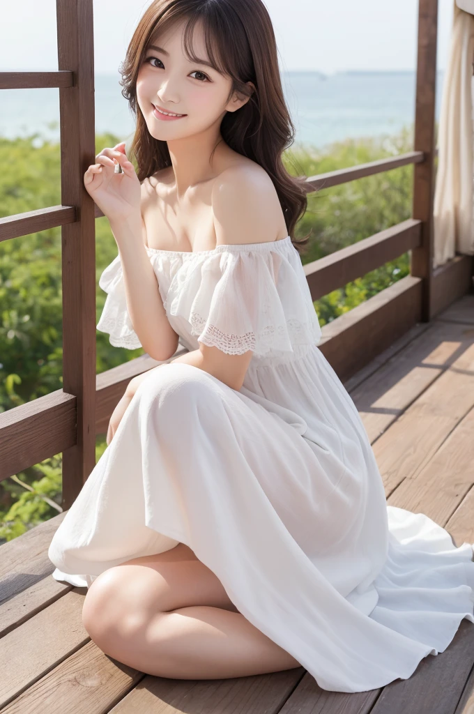 最high quality, figure, Very detailedな, Fine details, High resolution, 8k wallpaper, Perfect dynamic composition, 美しいAttention to detail目, Natural lips,The best texture, high quality, Ultra HD, 8k, whole bodyphotograph, Realistic, Very detailed, Attention to detail, Ultra Clear,Japanese　One person　alone　semi-long　Wave　cute　photograph　Real　front　Whitening　older sister　looking at the camera　Small face　Adult-like　summer　Beautiful feet　whole body　Ultra high definition　Off-shoulder cut-and-sew dress　mature　turn around　Beautiful feet　Skin Texture　Beautiful　Beautiful fingers　clear　A smile with little exposure