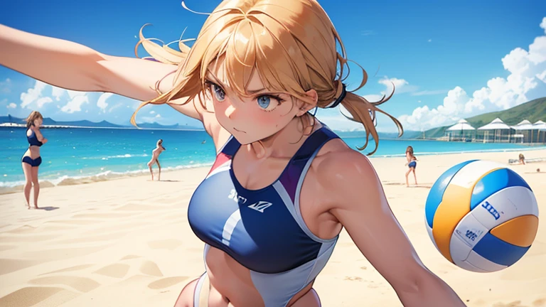 On the sandy beach volleyball court、Please draw an illustration of a woman in a swimsuit with a serious look on her face as she plays a game.。She hit the ball back with force.、The blue sea and sky spread out in the background.。