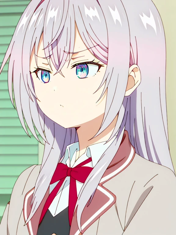 an anime girl with a cute but slightly grumpy expression. She has long, silver-white hair with a faint pink tint, styled straight and cascading down her shoulders. Her eyes are big, A bright blue, with long eyelashes and a serious expression. Her cheeks are slightly flushed, It could be due to shyness or anger. She is wearing a simple white shirt, and has a red ribbon tied on the side of her hair.
Her appearance exudes cuteness but also a touch of arrogance or anger.