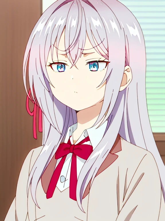an anime girl with a cute but slightly grumpy expression. She has long, silver-white hair with a faint pink tint, styled straight and cascading down her shoulders. Her eyes are big, A bright blue, with long eyelashes and a serious expression. Her cheeks are slightly flushed, It could be due to shyness or anger. She is wearing a simple white shirt, and has a red ribbon tied on the side of her hair.
Her appearance exudes cuteness but also a touch of arrogance or anger.