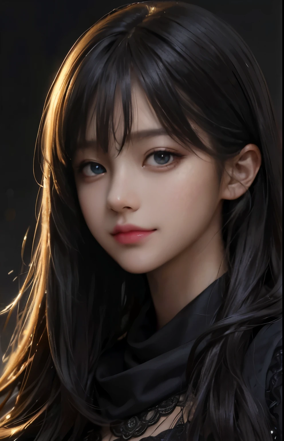 (extremely realistic), (illustration), (improved resolution), (8k), (very detailed), (Best illustration), (beautiful and delicate eyes), (best quality), (very detailed), (masterpiece ), ( wallpaper), (detailed face), alone, 1 girl, looking at viewer, fine details, detailed face, in the dark, deep shadows, low key, pure face_v1, smiling, long hair, black shawl straight hair , 46 point diagonal bangs