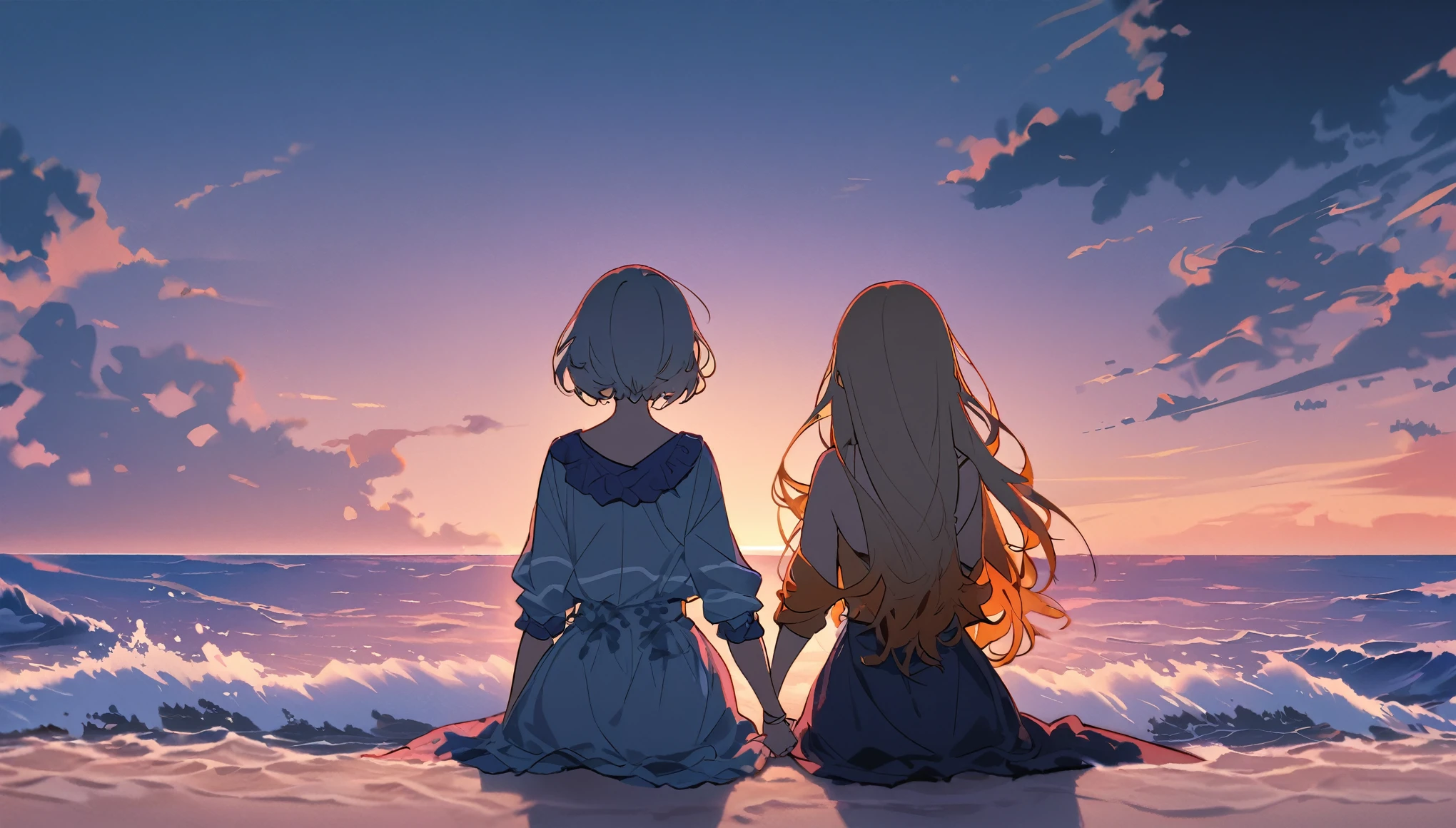 A girl character with grey hair, glowing red eyes, long hair and a mole under her left eye. Her female counterpart has golden hair, glowing blue eyes and short hair. The two of them are sitting with their backs to each other on the beach at dusk. The sky is a mix of orange and purple, a color that evokes a sense of sadness. They are holding hands, but each is looking in a different direction, conveying a subtle sense of distance between them. The ocean waves are gently lapping, and the distant horizon slowly begins to darken. Although they are holding hands, a shadow stretches between them, expressing the distance in their hearts.