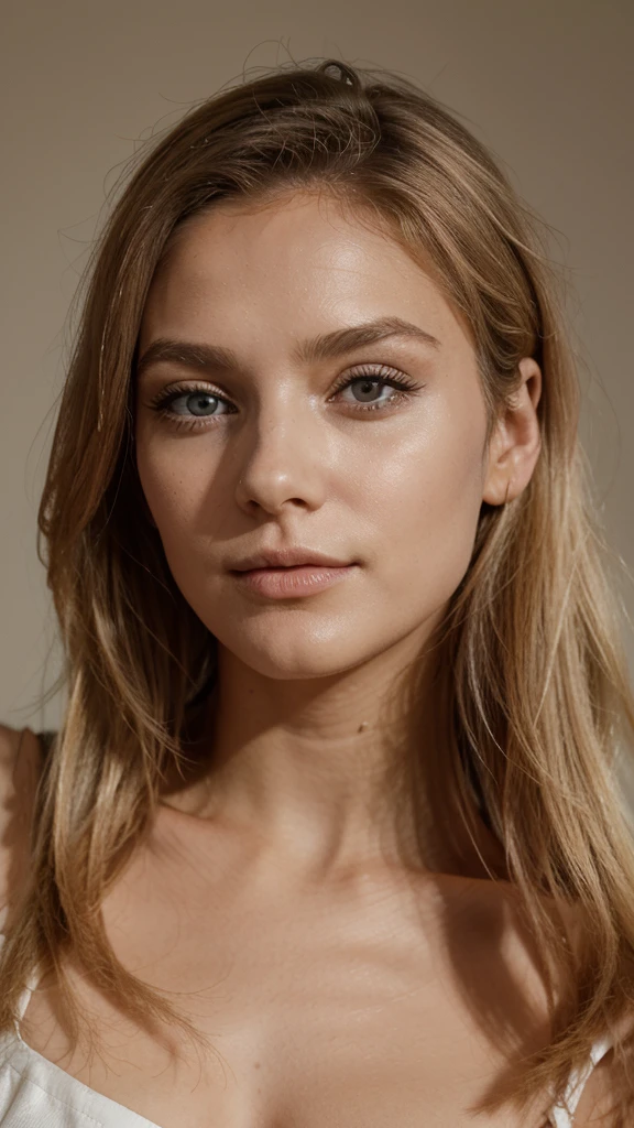 Une femme qui a 25 ans (meilleure qualité,réaliste),visage de fille,cheveux blonds dorés longs et ondulés, sourcils moyennement épais, Menton pointu, petit nez, Peau soyeuse, rapide brillant, photographie glamour primée,((meilleure qualité)), ((oeuvre d'art)), ((réaliste)), yeux perçants, regarder droit, Très heureux, Cheveux blonds, Tresses quadruples, Assise dans un café en pleine air, des tâches lumière de après-midi sur son visages