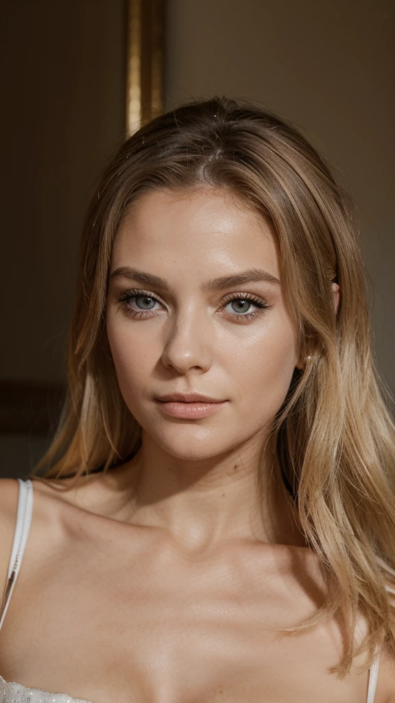 A white blonde girl in a , beautiful detailed eyes, beautiful detailed lips, extremely detailed face and skin, long eyelashes, body, uniform, virgin, ethereal, glowing skin, portrait, highly detailed, intricate, photorealistic, 8k, masterpiece,award winning