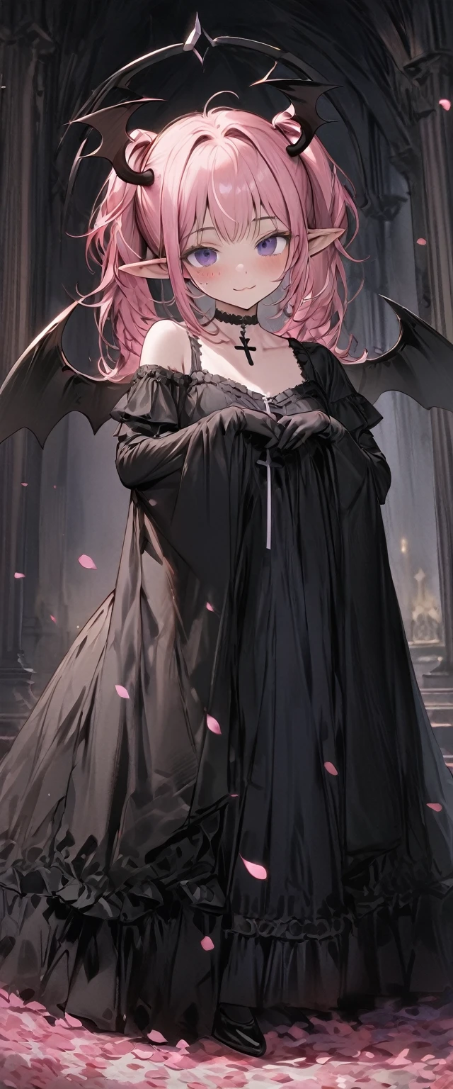 Ultra-high resolution, masterpiece, Highest quality, Very detailed, Anatomically correct, Sharp focus, Midnight, Gloomy atmosphere, church, Island Altar, One person, alone, Cami Love, Pink Hair, short hair, Shoulder-length hair, (black head wings:1.1), (Twin ponytail), Purple eyes, Purple iris, (Facial blemishes), Small Mouth, Mouth closed, smile, Cross choker, Black arm sleeves, Thin arms, Black gloves, Small box, 1 Devil Wings, One Wing, ((Long black gown)), Frilled gown, Slim legs, Black Stockings, (Black high heels), (whole body) , (close), Innocent pose, Eye-level shot, Front view, Innocent pose, Scattered pink petals