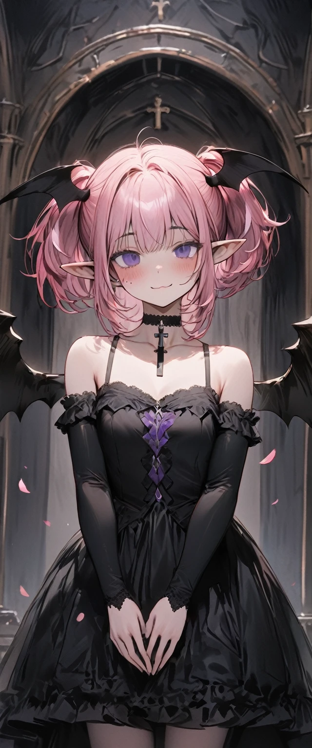 Ultra-high resolution, masterpiece, Highest quality, Very detailed, Anatomically correct, Sharp focus, Midnight, Gloomy atmosphere, church, Island Altar, One person, alone, Cami Love, Pink Hair, short hair, Shoulder-length hair, (black head wings:1.1), (Twin ponytail), Purple eyes, Purple iris, (Facial blemishes), Small Mouth, Mouth closed, smile, Cross choker, Black arm sleeves, Thin arms, Black gloves, Small box, 1 Devil Wings, One Wing, ((Long black gown)), Frilled gown, Slim legs, Black Stockings, (Black high heels), (whole body) , (close), Innocent pose, Eye-level shot, Front view, Innocent pose, Scattered pink petals