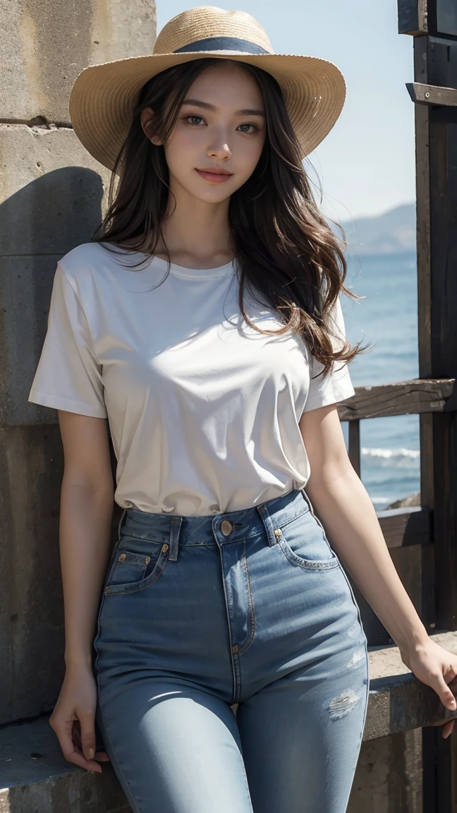 (masterpiece) , ((best quality)), (( 8k wallpaper)), ((ultra high resolution)), good composition, (ultra-detailed), illustration, beautiful art, artistic, realistic, beautiful, good art, scenery, cinematic, detailed skin, (oily skin), glossy skin, fine skin, female woman with long hair wearing jeans and hat takes selfie with phone, 1girl, smile, denim, long hair, realistic, shirt, looking at viewer, jeans, solo, pants