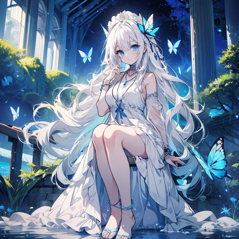 1 person、Mature、Ample breasts、White Hair、Long Hair、Blue Eyes、White skin、White Dress、Playing the Harp、Night Forest、sit、By the lake、necklace、bracelet、Blue Butterfly、High resolution、Highest quality