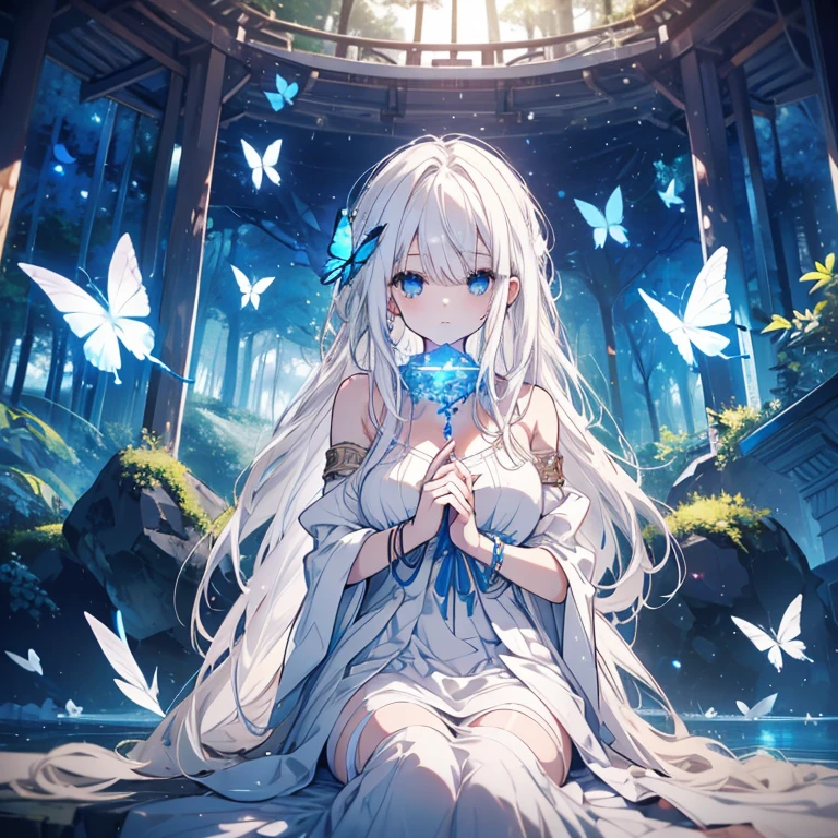 1 person、Mature、Ample breasts、White Hair、Long Hair、Blue Eyes、White skin、White Dress、Playing the Harp、Night Forest、sit、By the lake、necklace、bracelet、Blue Butterfly、High resolution、Highest quality