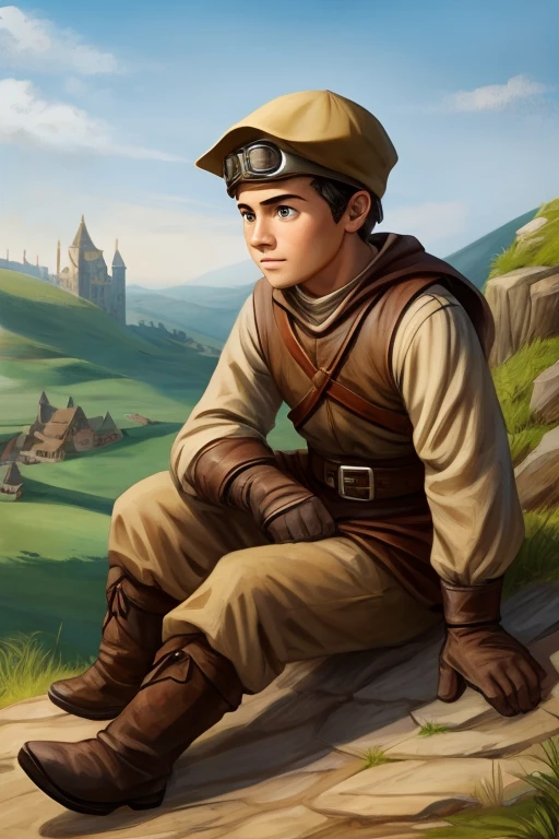 Human boy wearing a brown outfit, wears a cap on his head, wearing safety goggles on head, wearing brown gloves, wearing brown boots, sitting on a hill, medieval era