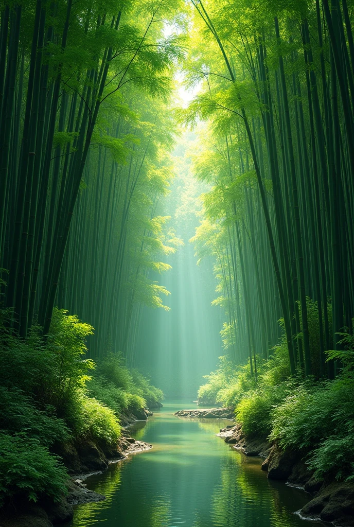 Bamboo Forest,verdant, towering, serene, misty, labyrinthine, whispering, lush, tranquil, sunbeams, dappled, shadows, serene pathways, exotic, bamboo groves, rustling leaves, still waters, meditative, Zen-like, ethereal, hidden secrets, harmony with nature, peacefulness, timelessness.