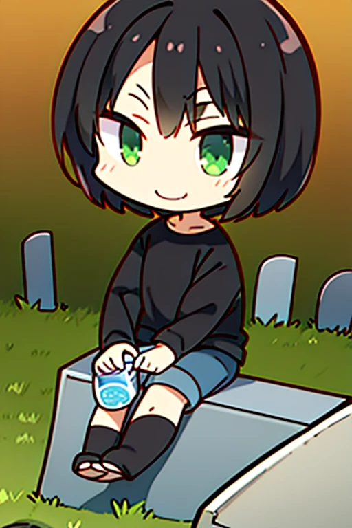 Perfect face. Perfect hands. A black haired boy with green eyes in shorts and Gothic t-shirts is drinking juice while sitting on a tombstone with a big smile