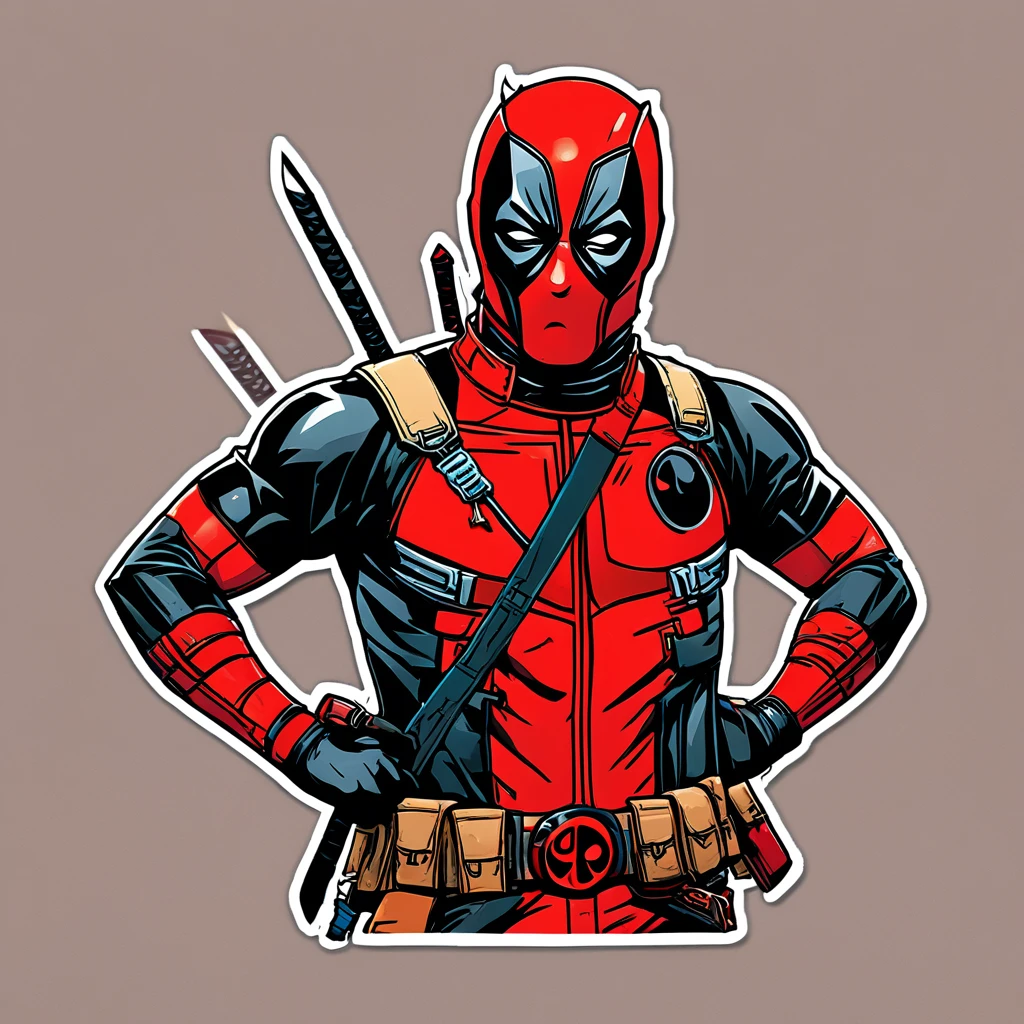 dead Pool sitting in a yoga pose with two swords, portrait of dead Pool, High detail iconic character, dead Pool, mandalorian dead Pool, Wonder character, wonderful expression, comic book character, marvel superhero, dead Pool de ryan reynolds, 90s comic book character design, Sticker illustration, in the style of wonder, Marvel comics style, iconic movie character, comic character, comic book art style