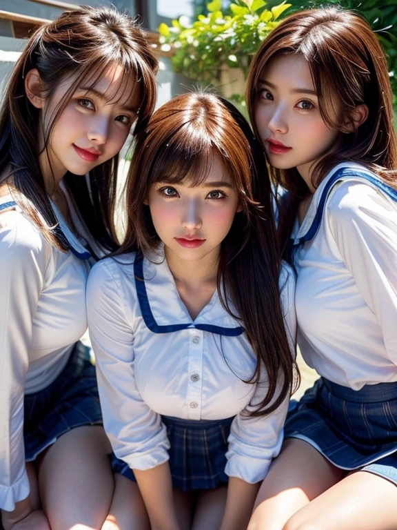 ((masterpiece, highest quality)), (Super detailed), ((super cute)), (Multi-point), ((very detailed)), 4k, highest quality, (beautiful), hyper cute face, Perfect Face, hyper genuineistic, Close-up, clear outline, (three girls, 3 cute girls:1.5), ( girl uniform :1.3), ((beautiful eyes)), (leaning forward:1.3), (upskirt:1.3), natural skin texture, big breasts, romantic ambiance, Highly detailed CG, look shyly at the viewer,